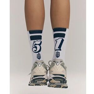 NWT Free People Lay Up Crew Socks Numbered 1 and 5 in Navy and White
